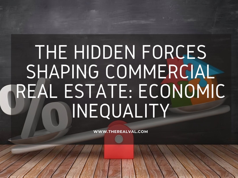 Image with text about economic inequality's impact on commercial real estate. Features a scale, percentage sign, and colored