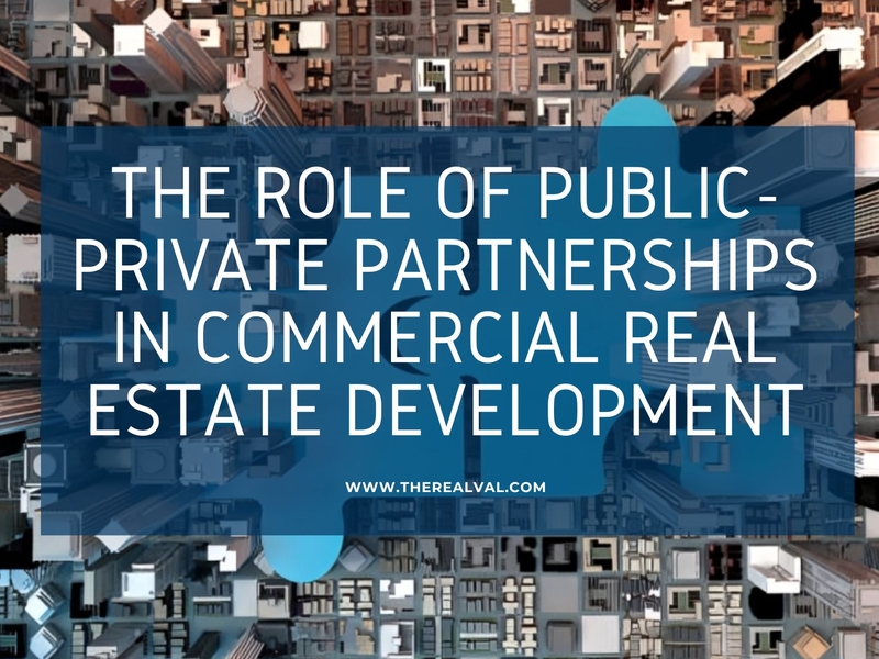 Public-private partnerships in commercial real estate development text over aerial cityscape background.